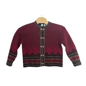 Vintage Frost Petite Wool Fair Isle Cardigan Sweater PS Burgundy Floral Clasps